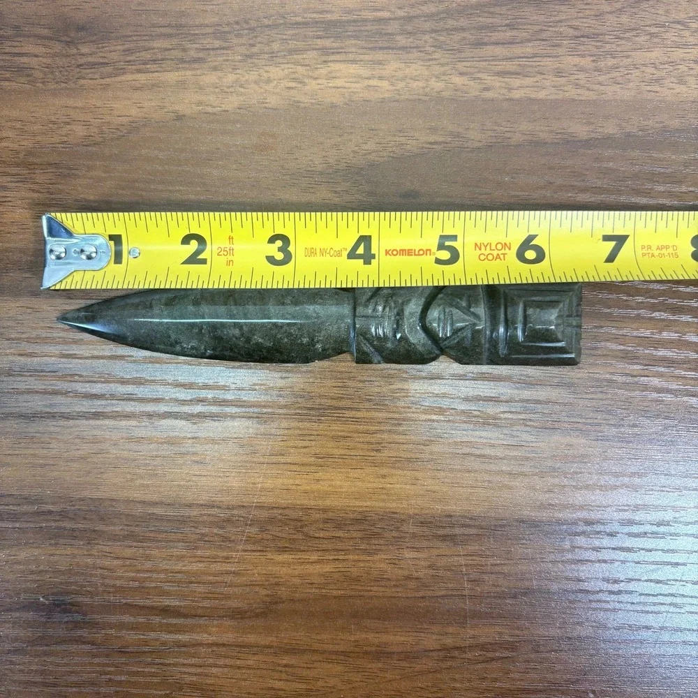 Aztec Obsidian Knife, Green Figural Stone Handle Volcanic Glass 6.5